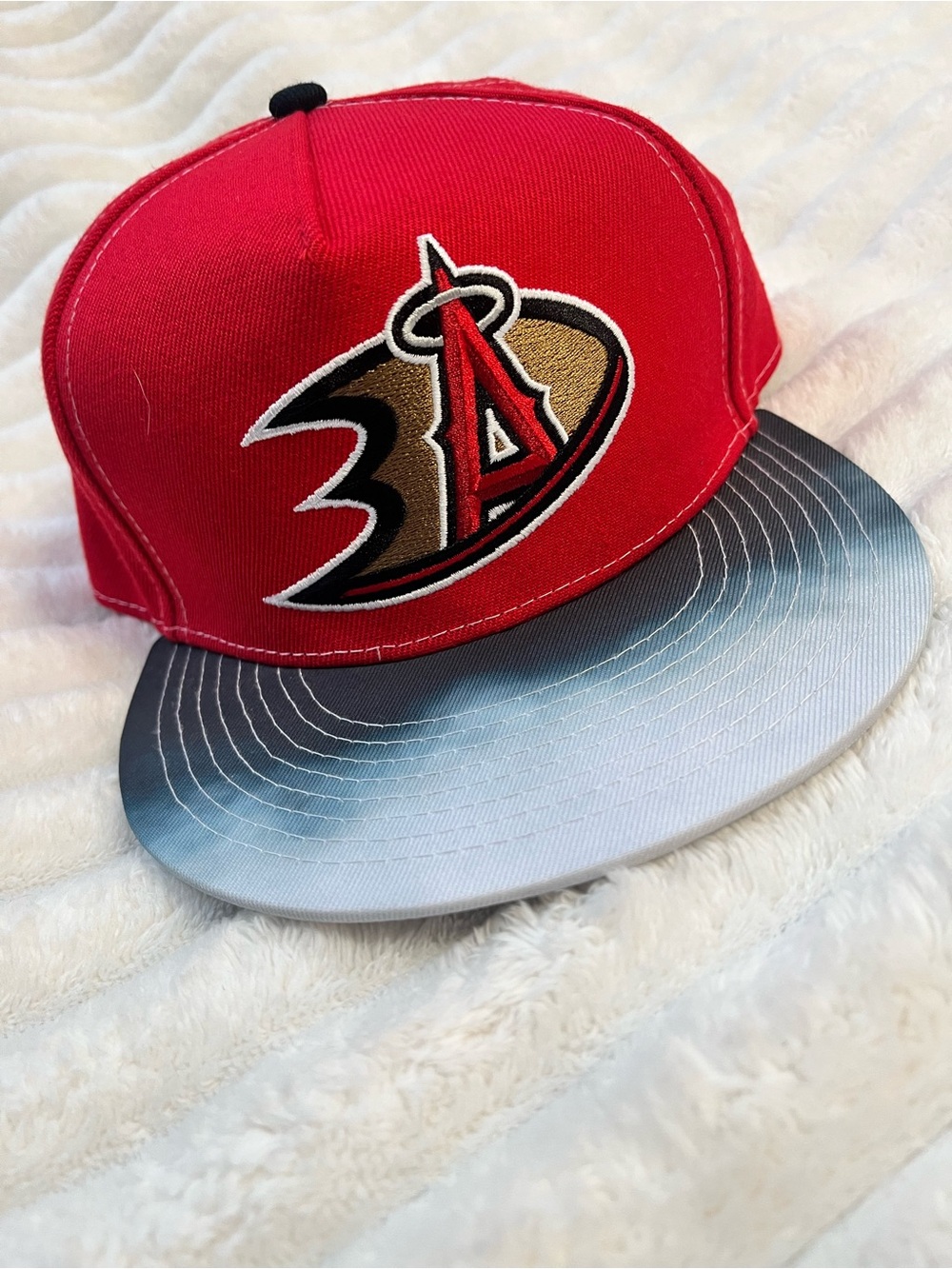 Red and Gray Sports Snapback Hat with Embroidered Logo